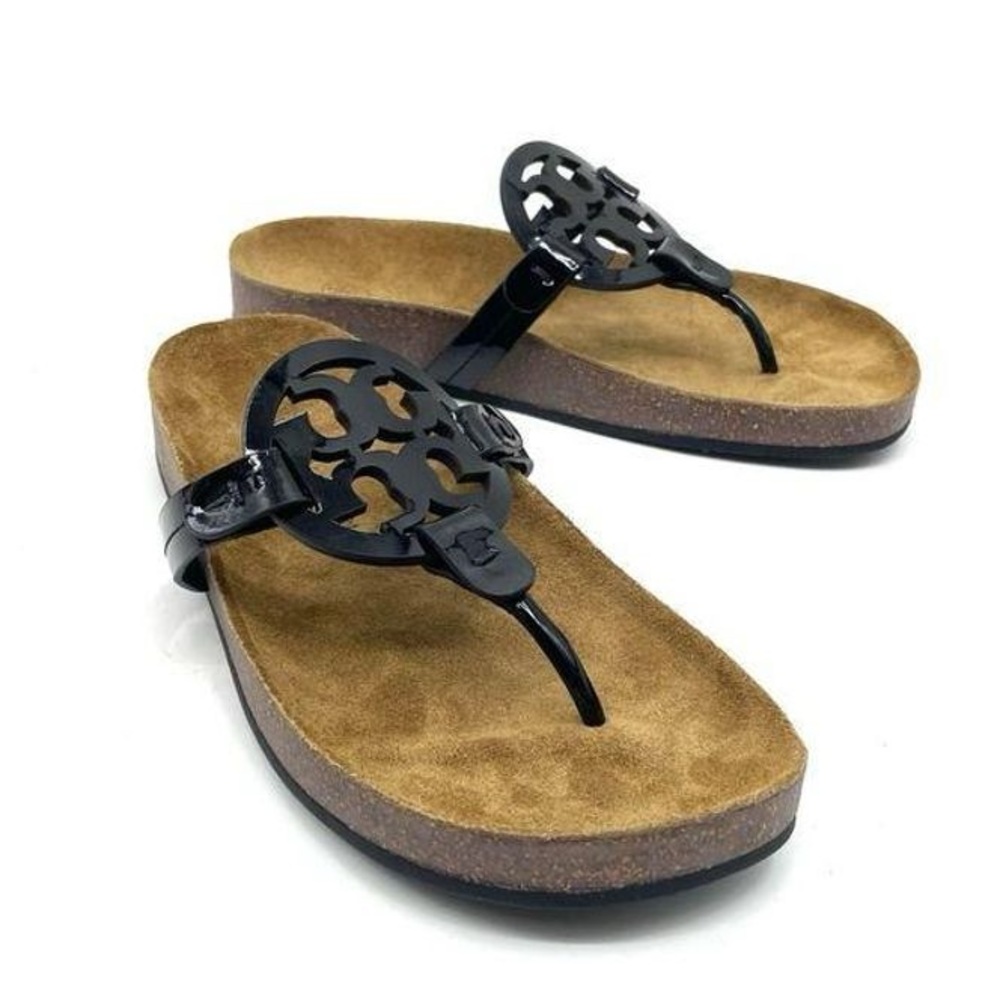 Tory Burch Miller Cloud Black Patent/Cork Thong Sandals 9